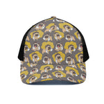 Pilot Pug Pattern Print Black Mesh Trucker Cap