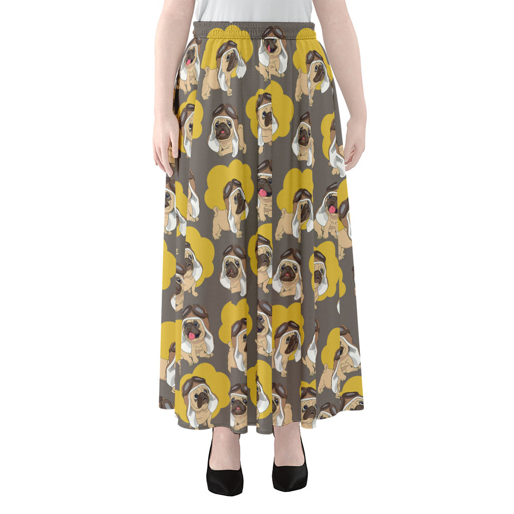 Pilot Pug Pattern Print Chiffon Maxi Skirt