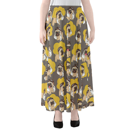 Pilot Pug Pattern Print Chiffon Maxi Skirt