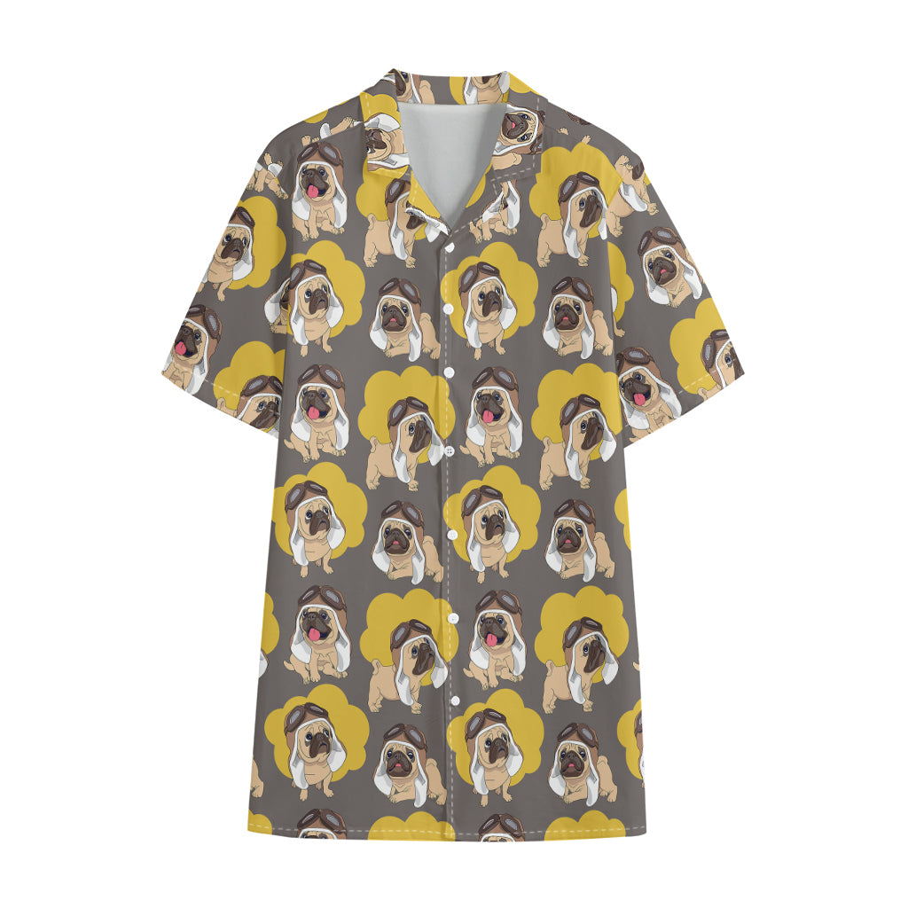 Pilot Pug Pattern Print Cotton Hawaiian Shirt