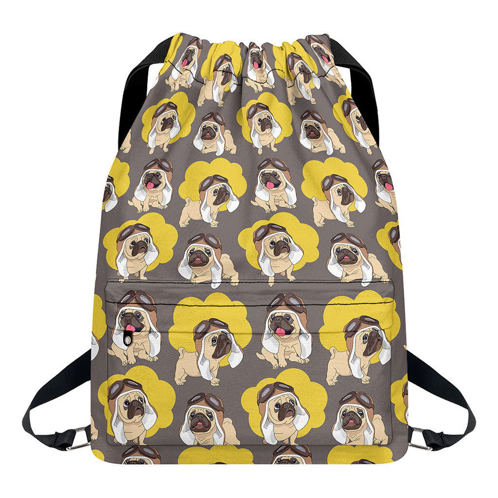 Pilot Pug Pattern Print Drawstring Backpack