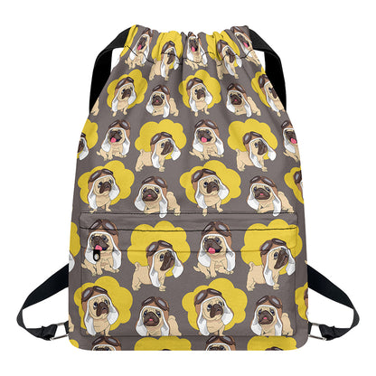 Pilot Pug Pattern Print Drawstring Backpack