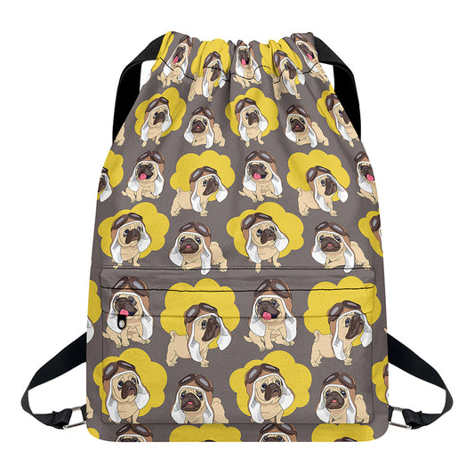 Pilot Pug Pattern Print Drawstring Backpack