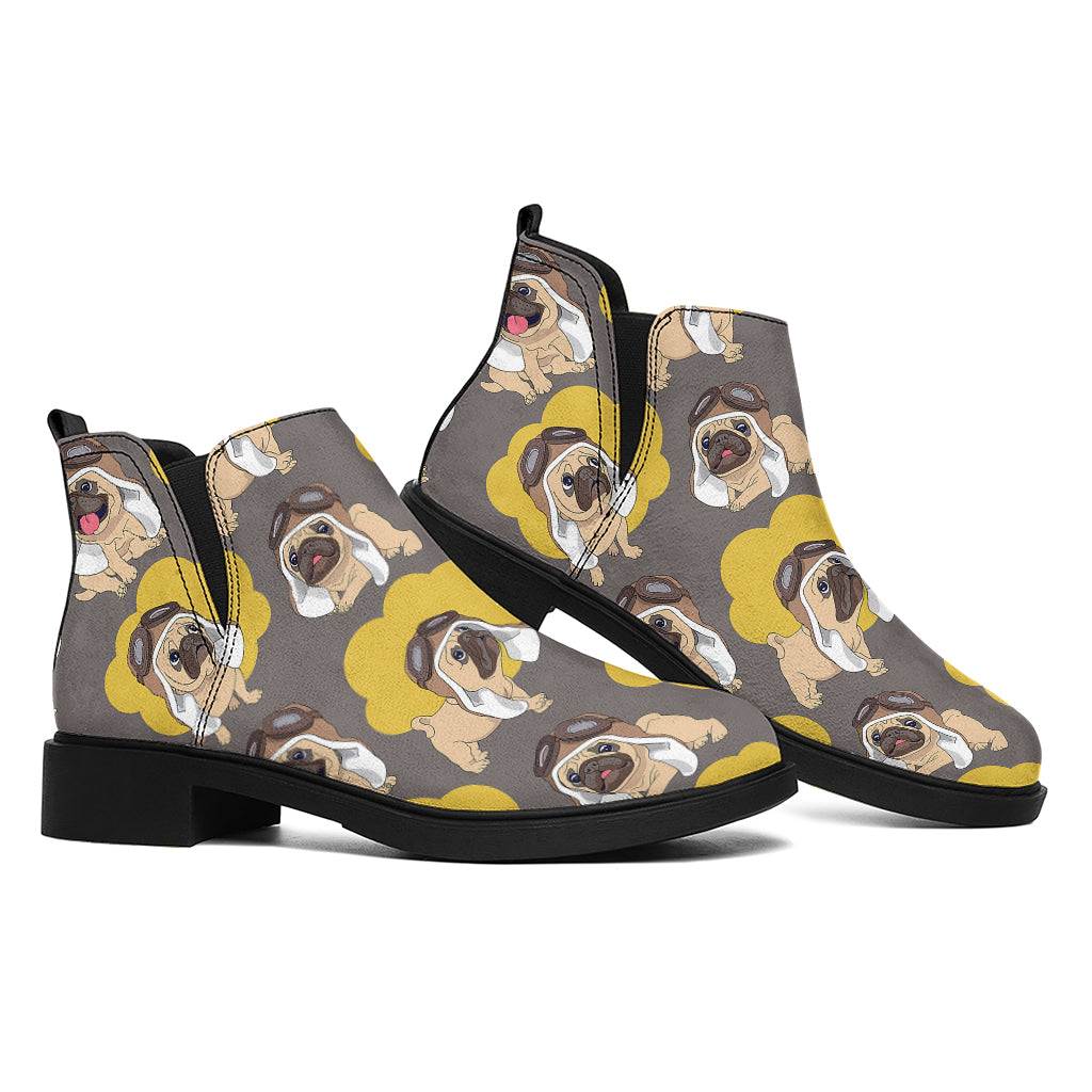 Pilot Pug Pattern Print Flat Ankle Boots