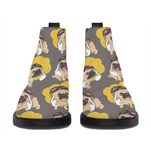 Pilot Pug Pattern Print Flat Ankle Boots