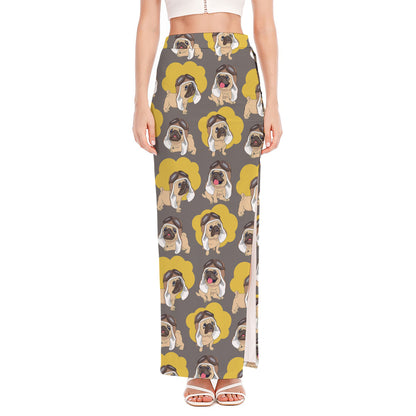Pilot Pug Pattern Print High Slit Maxi Skirt