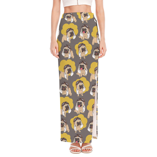 Pilot Pug Pattern Print High Slit Maxi Skirt