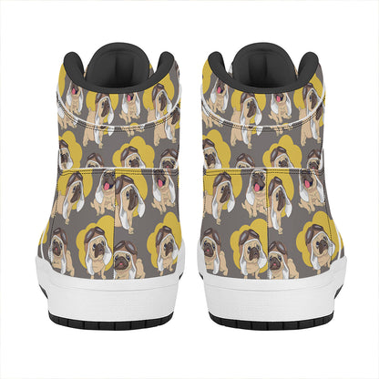 Pilot Pug Pattern Print High Top Leather Sneakers