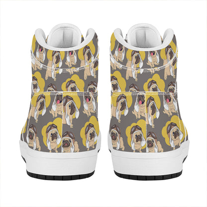 Pilot Pug Pattern Print High Top Leather Sneakers