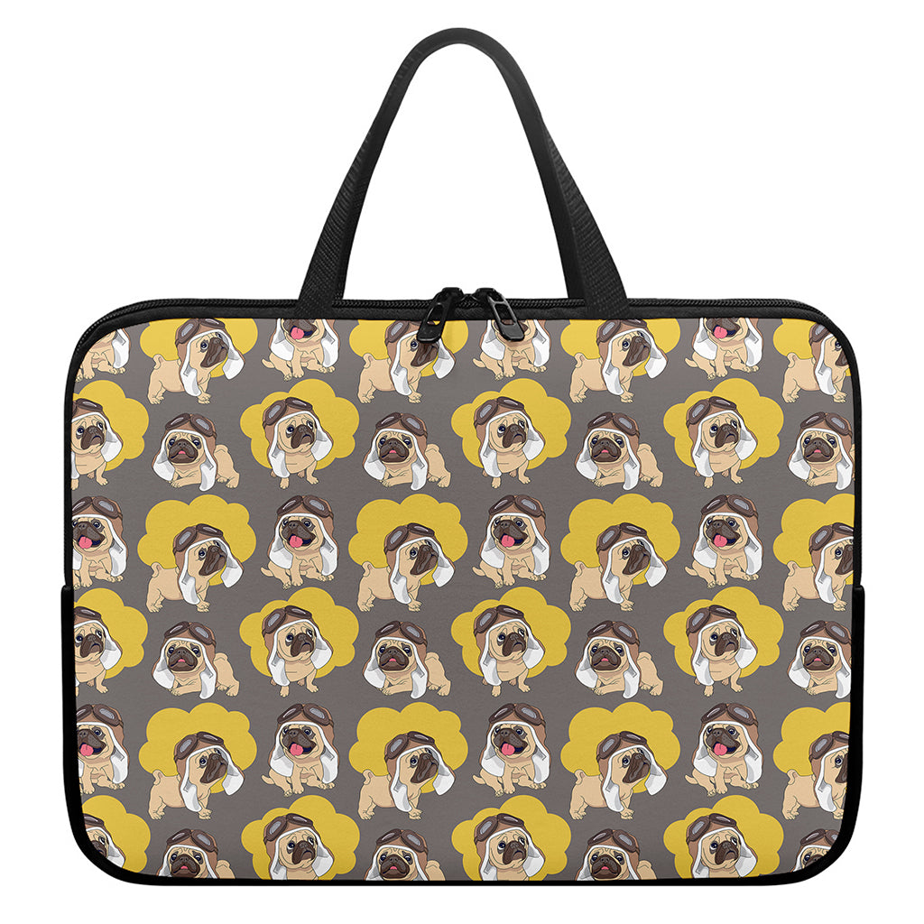 Pilot Pug Pattern Print Laptop Sleeve With Handle
