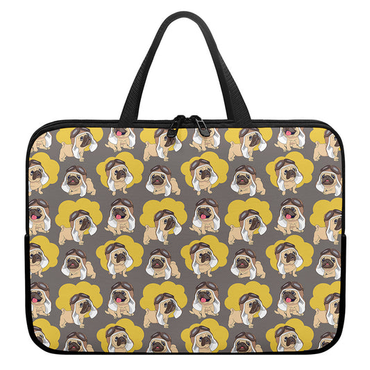 Pilot Pug Pattern Print Laptop Sleeve With Handle