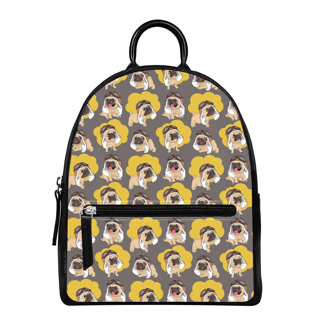 Pilot Pug Pattern Print Leather Backpack