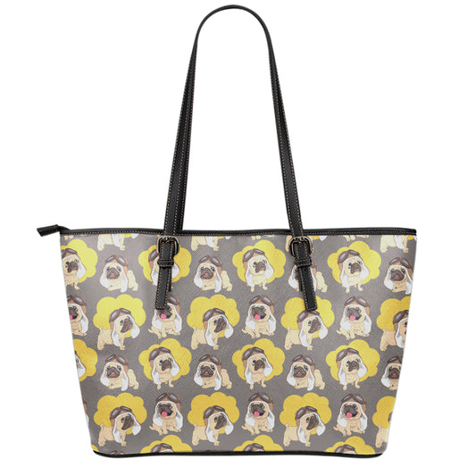 Pilot Pug Pattern Print Leather Tote Bag