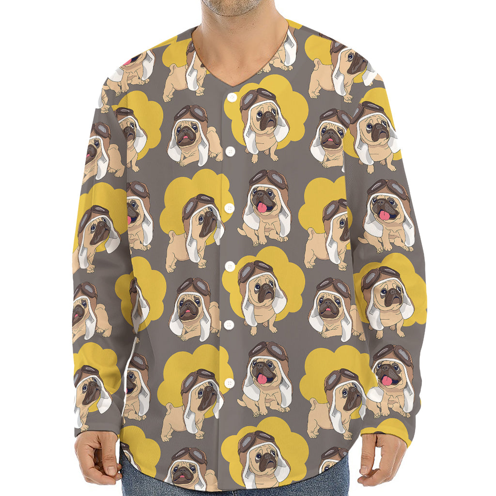 Pilot Pug Pattern Print Long Sleeve Baseball Jersey
