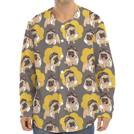 Pilot Pug Pattern Print Long Sleeve Baseball Jersey