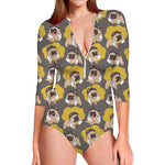 Pilot Pug Pattern Print Long Sleeve Swimsuit
