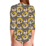 Pilot Pug Pattern Print Long Sleeve Swimsuit
