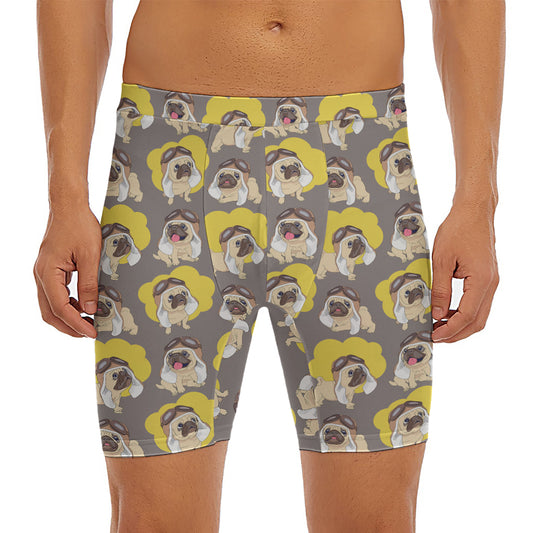 Pilot Pug Pattern Print Men's Long Boxer Briefs