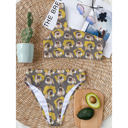 Pilot Pug Pattern Print One Shoulder Bikini Top