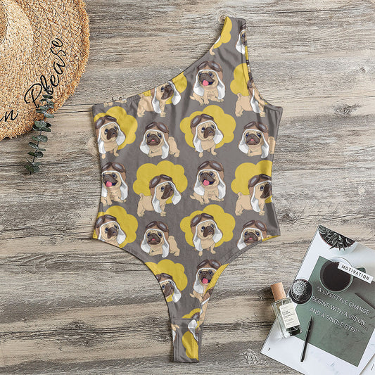 Pilot Pug Pattern Print One Shoulder Bodysuit