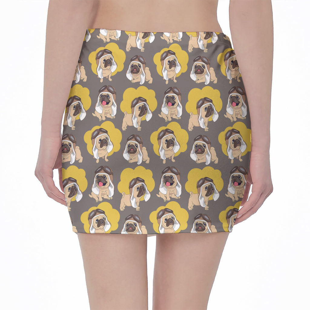 Pilot Pug Pattern Print Pencil Mini Skirt