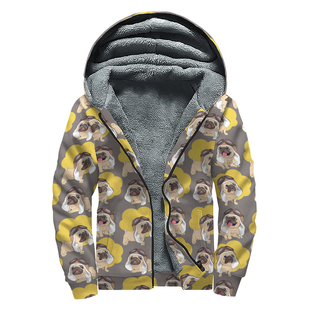 Pilot Pug Pattern Print Sherpa Lined Zip Up Hoodie