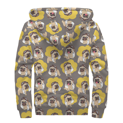 Pilot Pug Pattern Print Sherpa Lined Zip Up Hoodie
