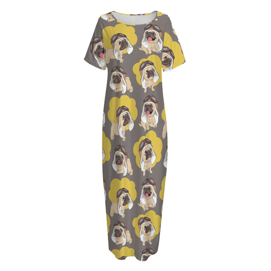 Pilot Pug Pattern Print Short Sleeve Long Nightdress