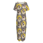 Pilot Pug Pattern Print Short Sleeve Long Nightdress
