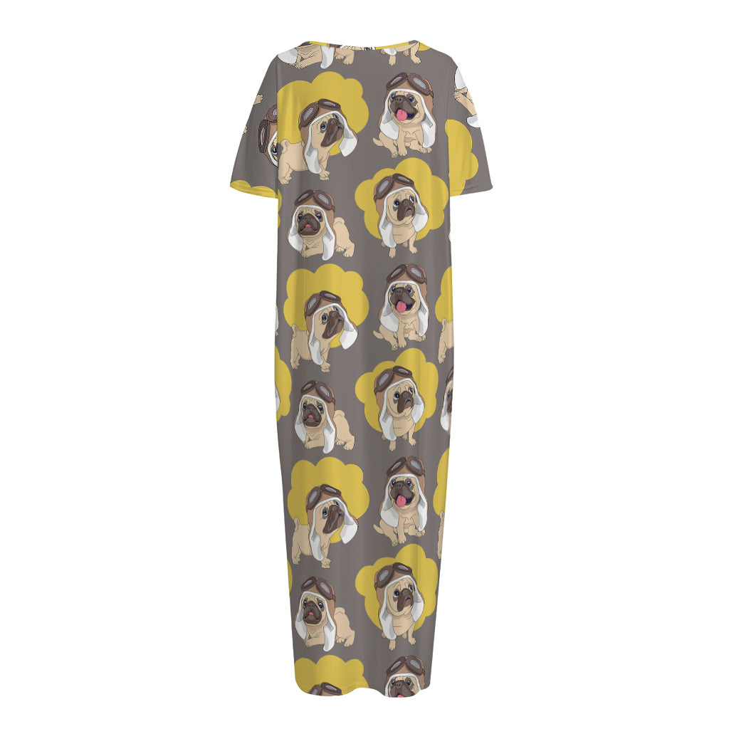 Pilot Pug Pattern Print Short Sleeve Long Nightdress