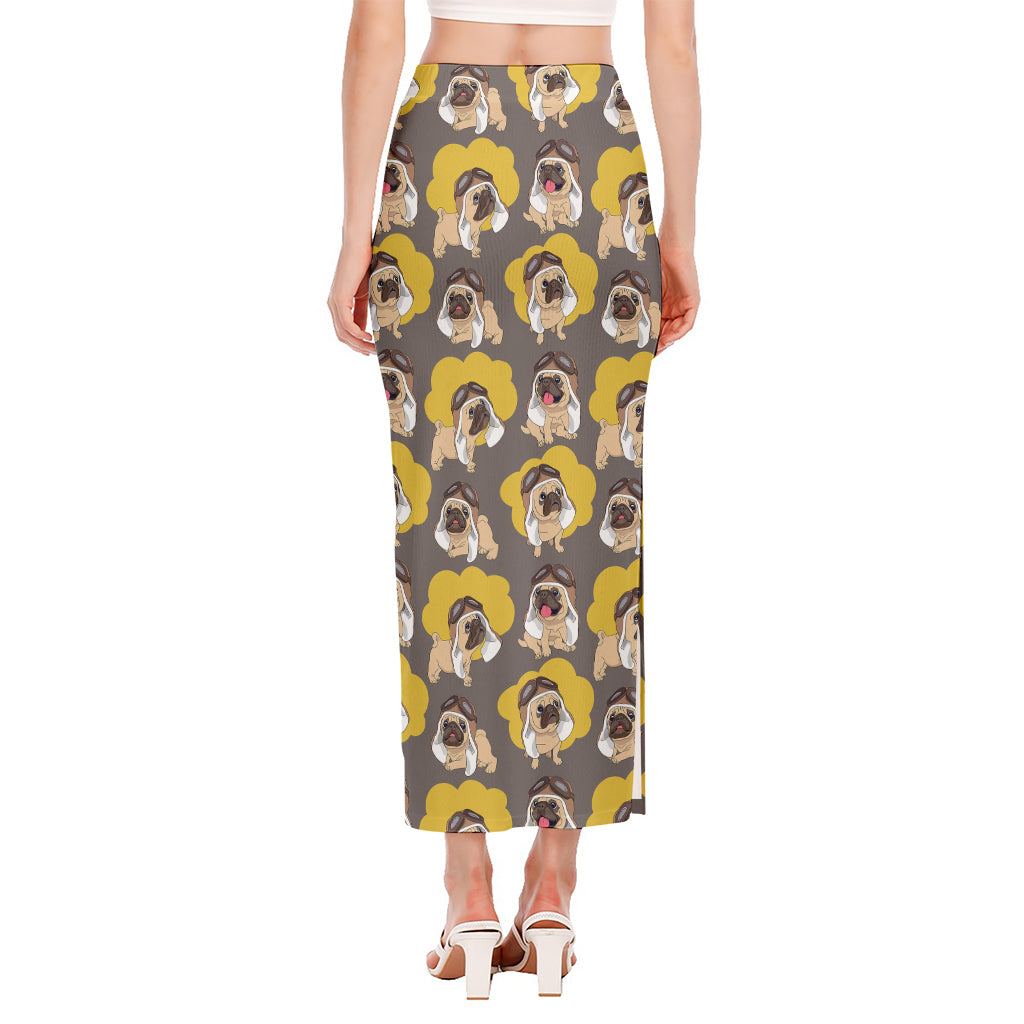 Pilot Pug Pattern Print Side Slit Maxi Skirt