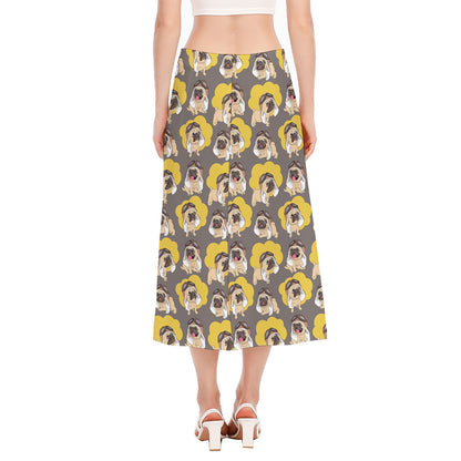 Pilot Pug Pattern Print Side Slit Midi Skirt