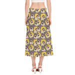 Pilot Pug Pattern Print Side Slit Midi Skirt