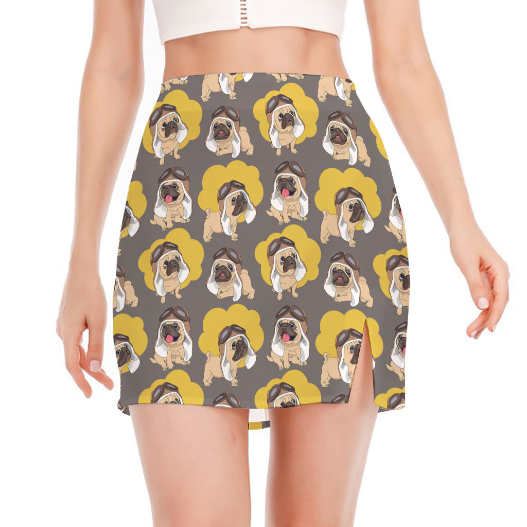 Pilot Pug Pattern Print Side Slit Mini Skirt