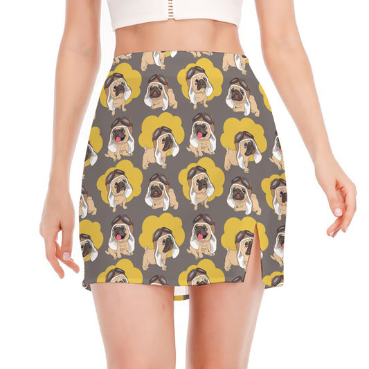 Pilot Pug Pattern Print Side Slit Mini Skirt