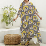 Pilot Pug Pattern Print Silk V-Neck Kaftan Dress