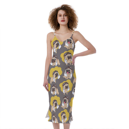 Pilot Pug Pattern Print Slim Fit Midi Cami Dress