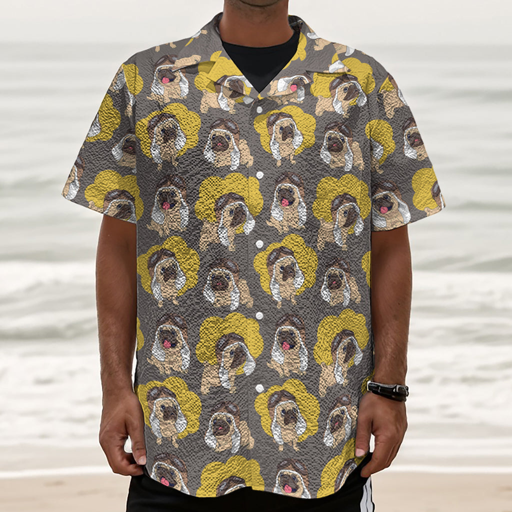 Pilot Pug Pattern Print Textured Short Sleeve Shirt