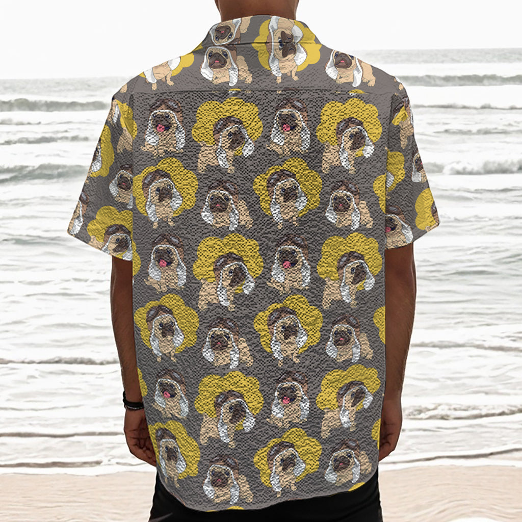 Pilot Pug Pattern Print Textured Short Sleeve Shirt