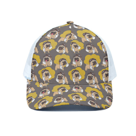 Pilot Pug Pattern Print White Mesh Trucker Cap