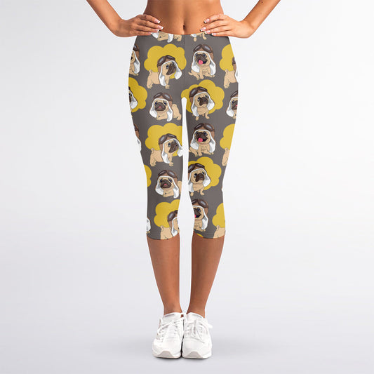Pilot Pug Pattern Print Women's Capri Leggings