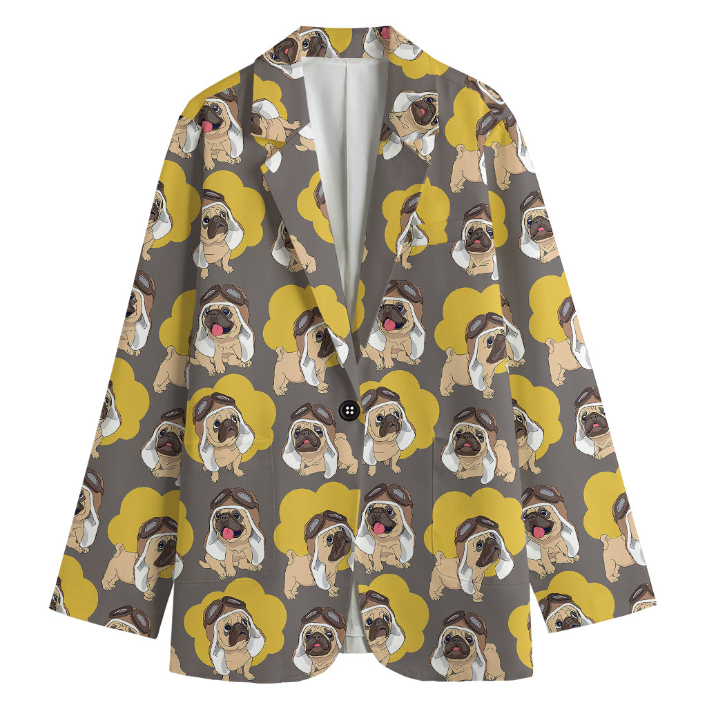 Pilot Pug Pattern Print Women's Cotton Blazer
