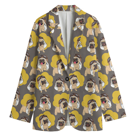 Pilot Pug Pattern Print Women's Cotton Blazer
