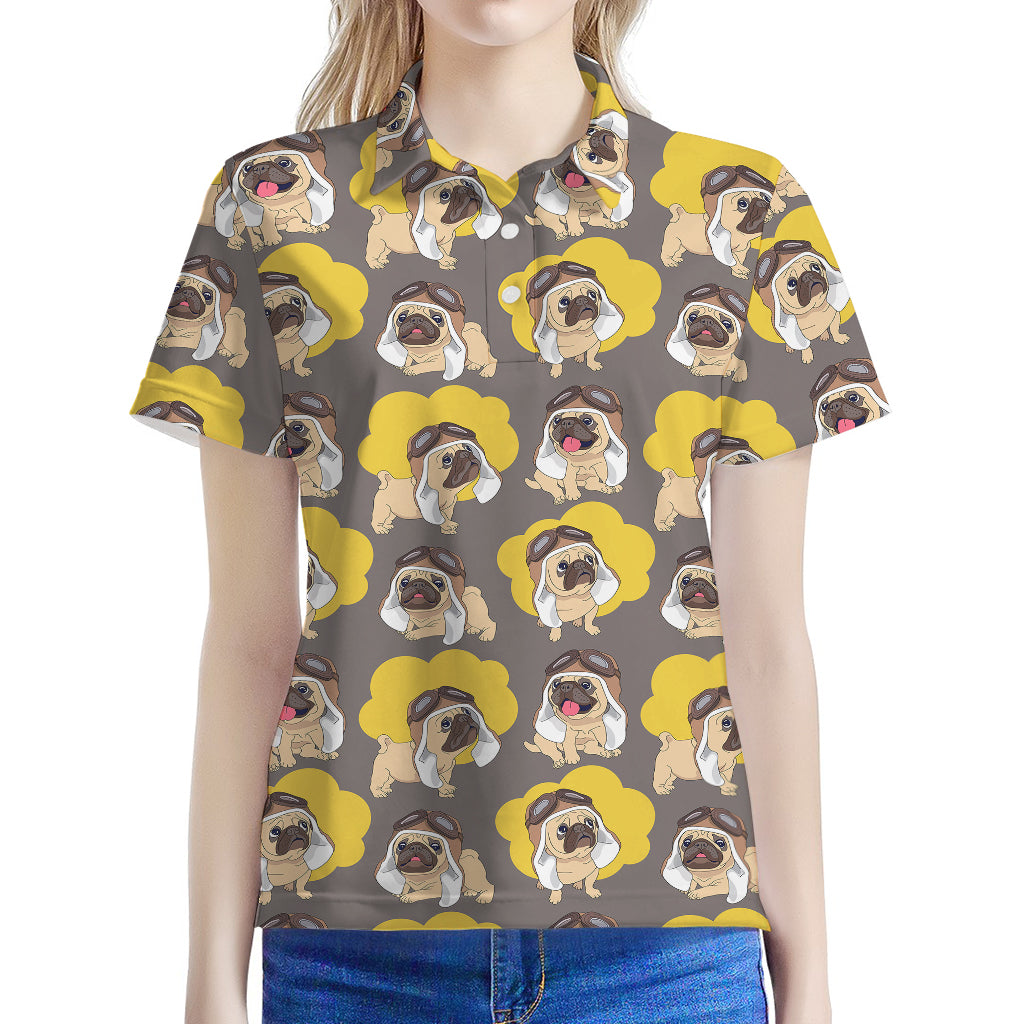 Pilot Pug Pattern Print Women's Polo Shirt