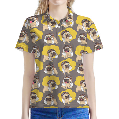 Pilot Pug Pattern Print Women's Polo Shirt