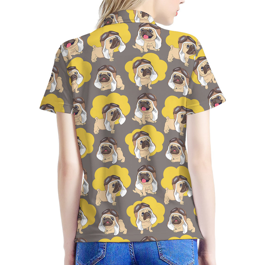 Pilot Pug Pattern Print Women's Polo Shirt