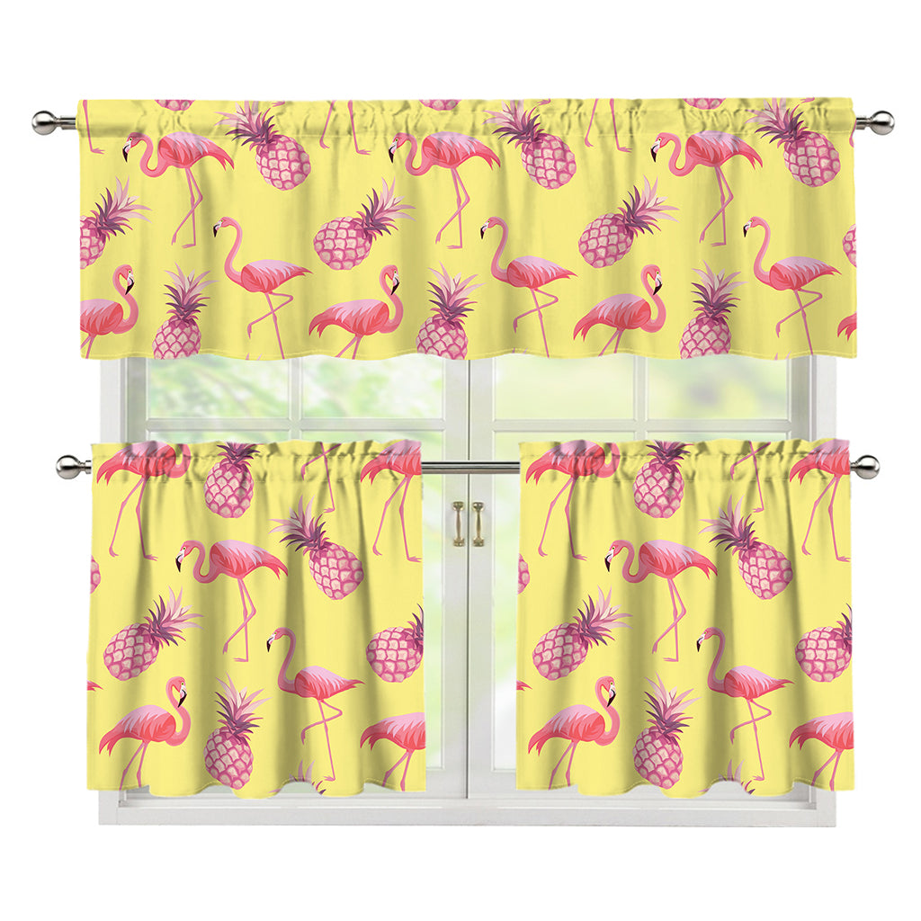 Pineapple And Flamingo Pattern Print 3 Piece Kitchen Curtains