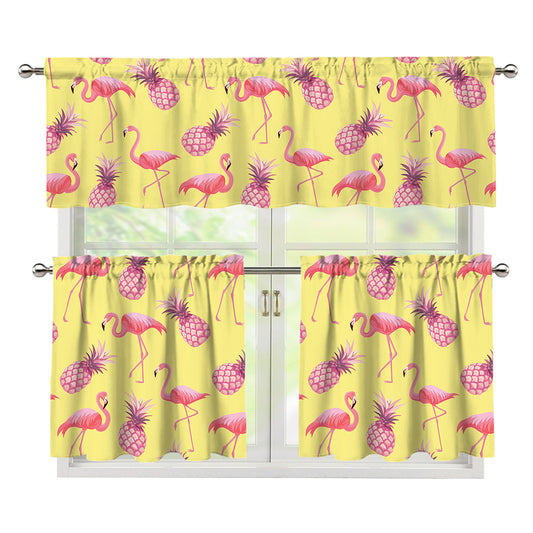 Pineapple And Flamingo Pattern Print 3 Piece Kitchen Curtains