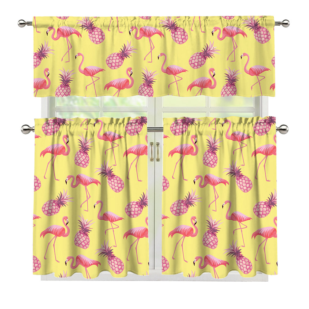 Pineapple And Flamingo Pattern Print 3 Piece Kitchen Curtains