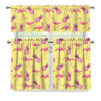 Pineapple And Flamingo Pattern Print 3 Piece Kitchen Curtains